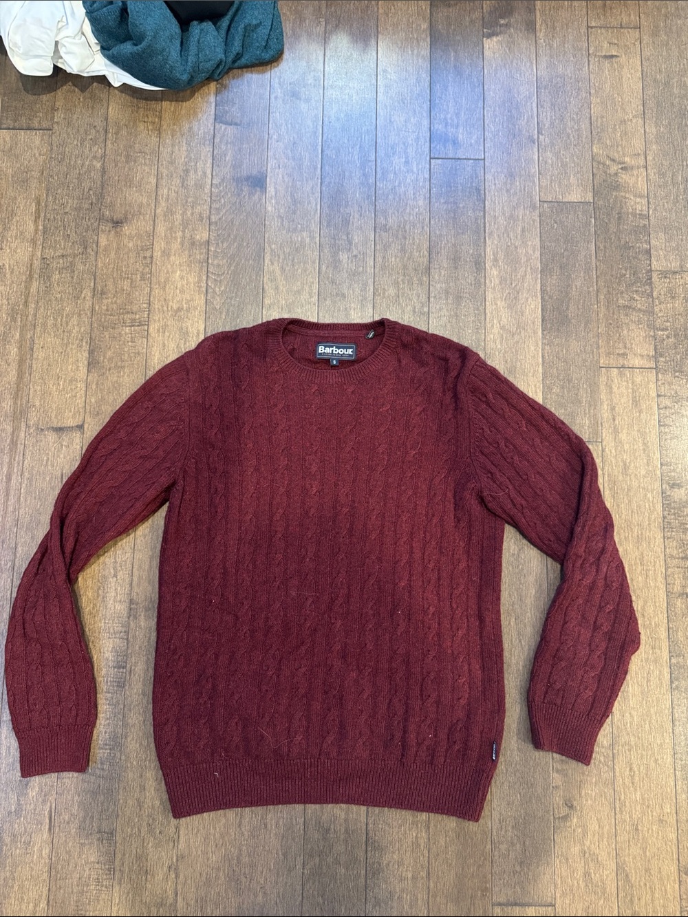 Barbour Men's Cable Crewneck Sweater in Deep Wine Wool Cotton